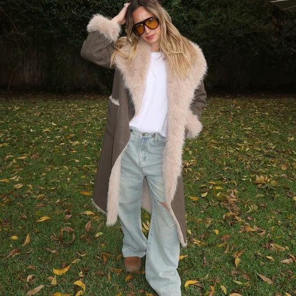 Zara double faced reversible faux fur long coat tan brown